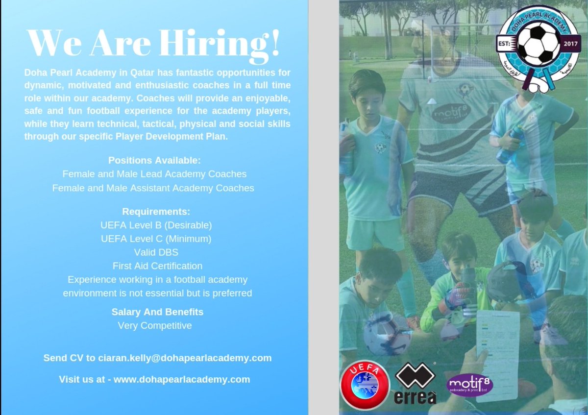 Doha Pearl Academy in Qatar has fantastic opportunities for dynamic, motivated and enthusiastic coaches in a full time role within our academy. 
@FAICoachEd @FindCoachesJobs @sportcareersuk @CoachingFamily
#football #qatar #qatar2022 #opportunitiesinQatar