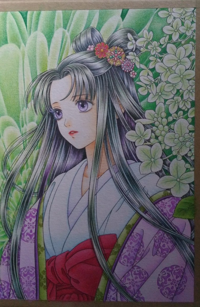 鈴豆 まめたん イラスト好きな人と繋がりたい アナログ絵描きさんと繋がりたい 色鉛筆画 鉛筆画 もう少しいじるかもしれないですが 取りあえず完成です 服は平安で髪型と髪飾りが微妙に奈良時代風 そして 白い花は難しいです 基本水を使わ
