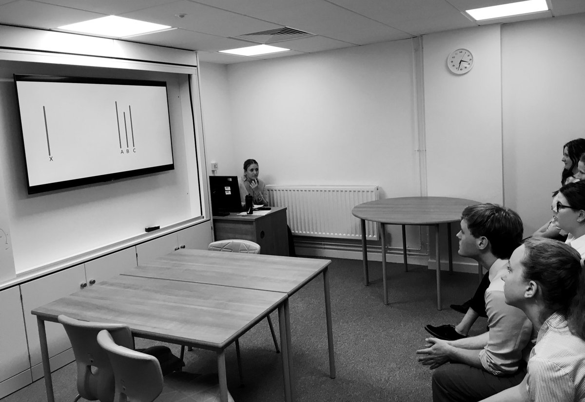 DunottarPsy's tweet photo. Which matches X? Is it A, B or C? #psychology students delving into #conformity by taking on the classic Solomon Asch study. #discovery #independence #TheDifferenceIsDunottar #socialpsychology #asch #research #reigate https://t.co/GhlJZpolXT