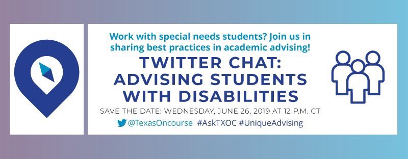 Tune in tomorrow at 12 PM CT for a Twitter Chat hosted by <a href="/TexasOnCourse/">Texas OnCourse</a> about Advising Students with Disabilities!