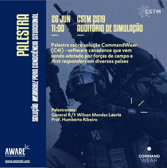 awarebrasil's tweet photo. Vestíveis para First Responders e Consciência Situacional. Palestra no evento CSTM em BSB nesta 4a, 11:00.
A AWARE apresentará a solução canadense @commandwear, destaque global em C4I (comando, controle, comunicação, computação e inteligência).
Participe!
#segurança #Wearables https://t.co/zgnniiwRpM