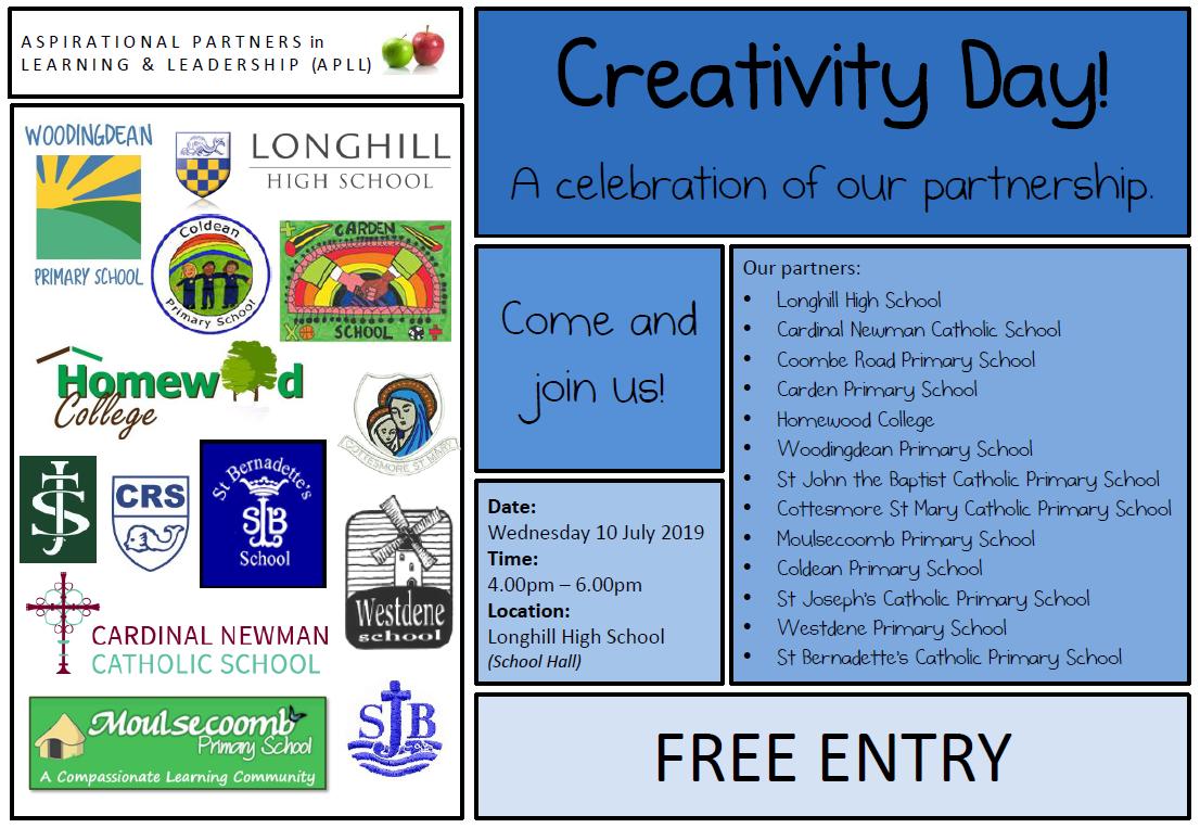 LonghillSchool's tweet image. Come and join us on Wednesday 10 July 2019 from 4pm - 6pm to celebrate the amazing work of the students from schools within the APLL Partnership! 📅 😀 👍#Creativity #BrightonandHoveSchools #Celebration #Aspiration #Determination #Success #LonghillHighSchool