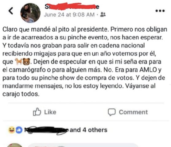 ¿Recuerdan a la joven que le “pinta un dedo” al presidente?
Retrata gran parte de la farsa que es AMLO y MORENA.
De comprobarse que esto es real, vuelvo a tener Fe en el criterio de la juventud.