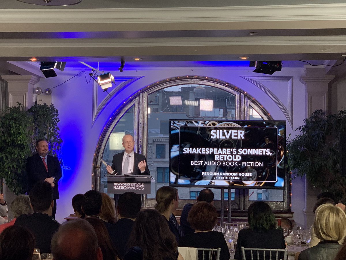 NYFRadioAwards's tweet photo. Author @JamesAnthonyRN took on a daunting challenge with his unique take on Shakespeare’s sonnets. @penguinrandom House cast two actors to narrate the audiobook:  Paapa Essiedu for the original poems and Stephen Fry, for the modern. #SilverAwardWinner #NYFRadio2019 https://t.co/n2CBhKwrGj