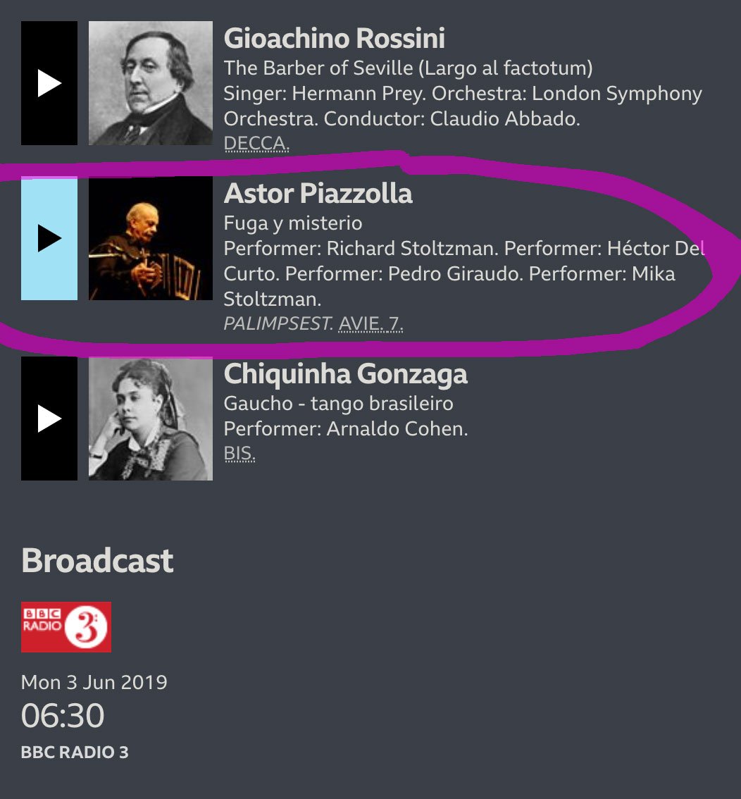 MikaStoltzman's tweet photo. So excited to see that my new @avierec album was broadcast on @BBCRadio3! They aired my new recording of Piazzolla’s Fuga y misterio w/ @RSclarinet @hectordelcurto @pedrogiraudo. Listen here!  🎶➡️ https://t.co/JUm2CuCe29
#avierecords #bbcradio3 #piazzolla #palimpsest https://t.co/bKInpH4Lqe