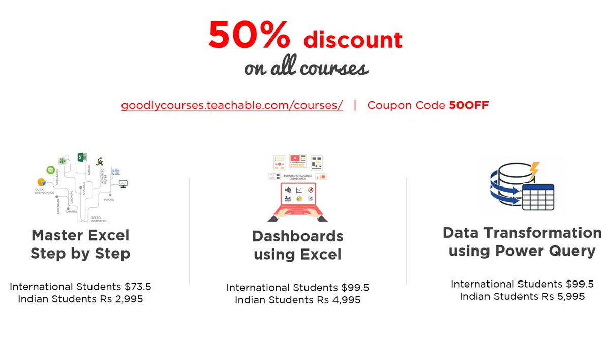 chandeep2786's tweet image. It&apos;s been half a decade of blogging and offering my courses at half the price :) If excel / dashboards / power query interests you, you&apos;ll find them awesome!
goodlycourses.teachable.com/courses/
Coupon Code - 50OFF

#Excel #excelcourses #goodly