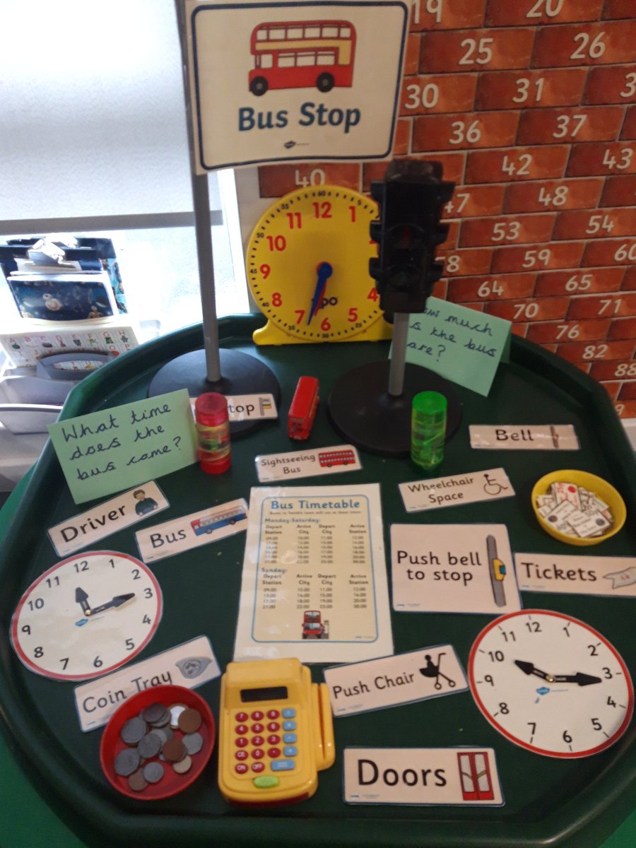 HayhurstJade's tweet photo. The children have been learning about time. They have been learning about different times of the day, exploring what time the bus arrives at the bus stop, making their own clocks and watches, playing o'clock bingo and 'What time is it Mr Wolf?' What a fun time! @PrestoleeScitt https://t.co/oEgqoRr0s1