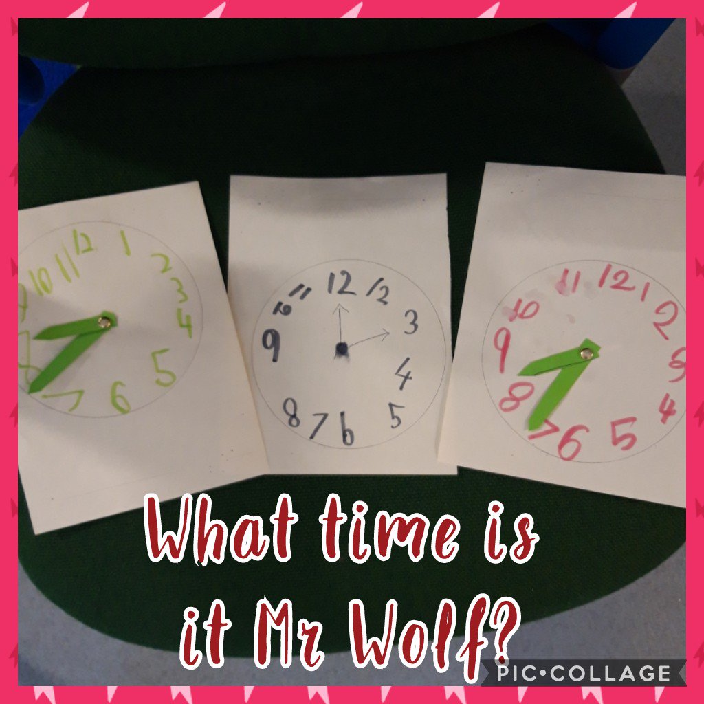 HayhurstJade's tweet photo. The children have been learning about time. They have been learning about different times of the day, exploring what time the bus arrives at the bus stop, making their own clocks and watches, playing o'clock bingo and 'What time is it Mr Wolf?' What a fun time! @PrestoleeScitt https://t.co/oEgqoRr0s1