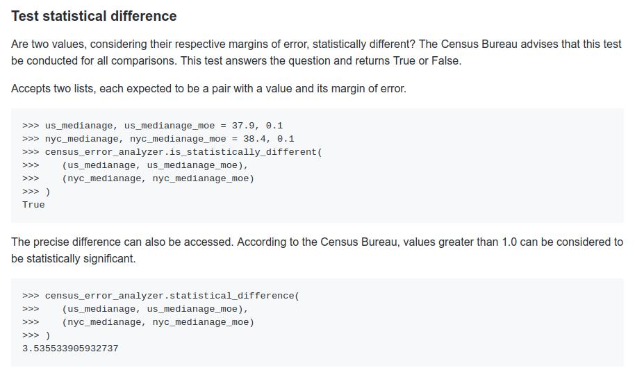 Ben Welsh (@palewire) on Twitter photo 🖥️🧮 #MATH 🧮🖥️
This morning your @LATdatadesk is releasing census-error-analyzer, a Python tool for examining the margin of error in <a href="/uscensusbureau/">U.S. Census Bureau</a> data.
github.com/datadesk/censu…
It lets you quickly compare two estimates to see if they are truly statistically different. 🖥️🧮 #MATH 🧮🖥️
This morning your @LATdatadesk is releasing census-error-analyzer, a Python tool for examining the margin of error in <a href="/uscensusbureau/">U.S. Census Bureau</a> data.
github.com/datadesk/censu…
It lets you quickly compare two estimates to see if they are truly statistically different.