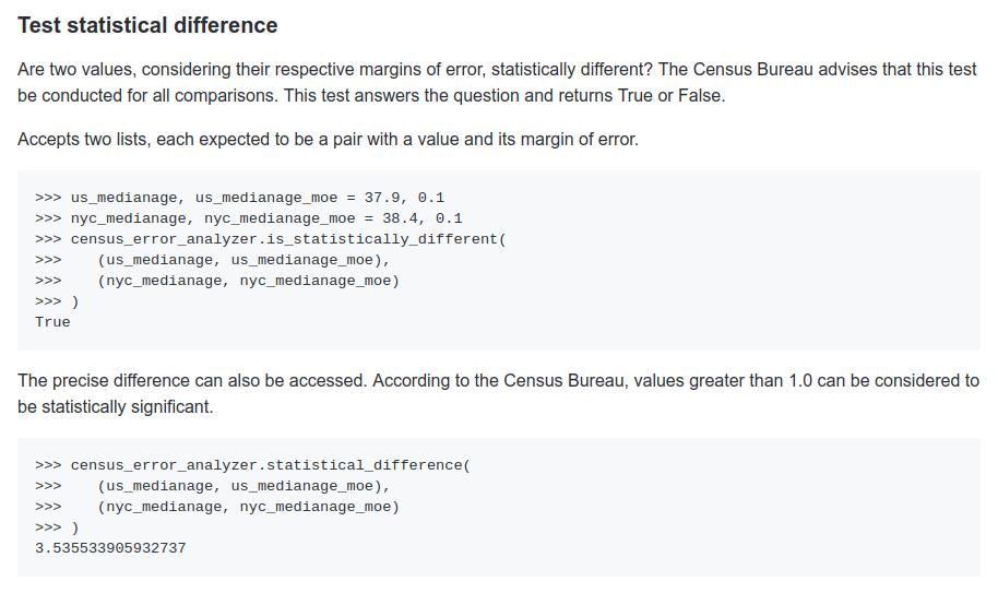 🖥️🧮 #MATH 🧮🖥️ This morning your @LATdatadesk is releasing census-error-analyzer, a Python tool for examining the margin of error in @uscensusbureau data. github.com/datadesk/censu… It lets you quickly compare two estimates to see if they are truly statistically different.