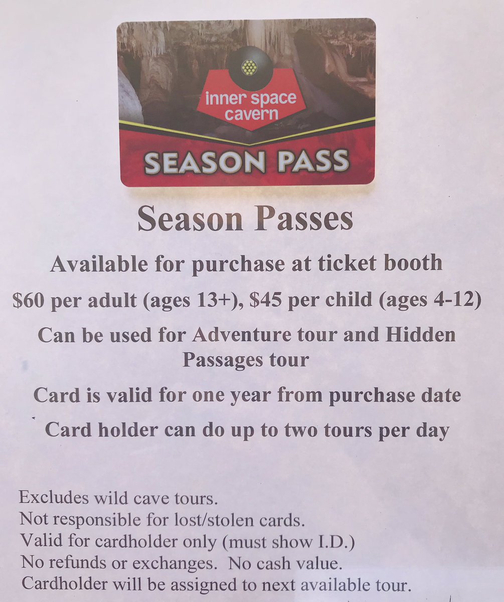 InnerSpaceCave's tweet image. Introducing Season Passes!

Experience the cave again and again, as many times as you like! To purchase one, just come in and ask Ticket Booth about them!

And if a Season Pass is too much for you, we always have gift cards that can be loaded and reloaded up with any amount!