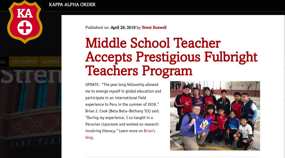 Thanks to <a href="/kappaalphaorder/">Kappa Alpha Order</a> for sharing about my <a href="/FulbrightPrgrm/">The Fulbright Program</a> experiences -- KA &amp; <a href="/Bethany_College/">Bethany College (WV)</a> hold a very special place in my heart! It is there where I got the foundation of who I have grown to be as an adult, husband, and father. t.e2ma.net/click/7j8u1e/n… #FulbrightTGC