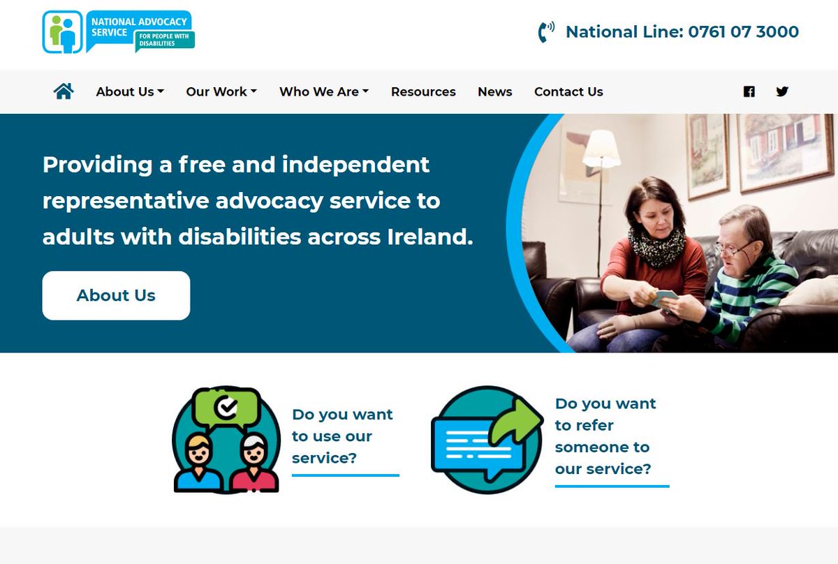 screenshot of NAS website homepage- featuring NAS logo, slogan "Providing a free and independent representative advocacy service to adults with disabilities across ireland." also showing two buttons saying "do you want to use our service?" and "do you want to refer someone to our service?" and our national line number 0761 07 3000. also showing image of menu bar for the website