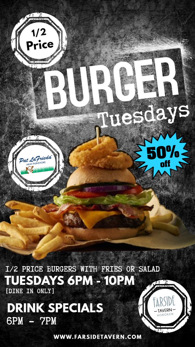 FarsideTavern's tweet photo. 1/2 PRICE BURGER NIGHT @FarsideTavern - Hoboken. 
Get the BEST burger in town at half the price!!!!
6PM - 10PM | Enjoy 1/2 off any of our burgers including our specialty burgers.
Come &amp; try our famous WHISKEY BURGER!!!! https://t.co/Uk9bCpAlXE