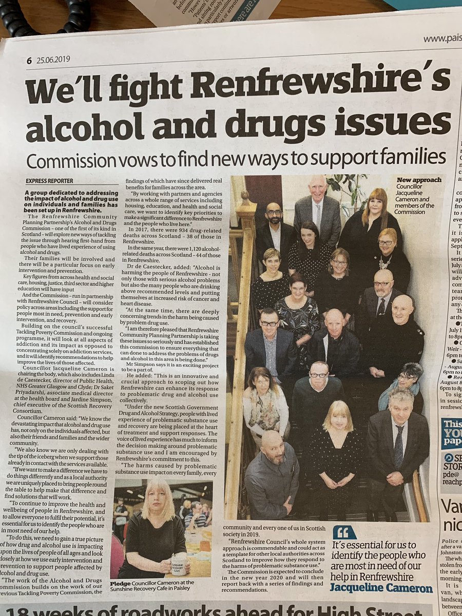 RenHSCP's tweet photo. A great article in @PDEofficial today about Renfrewshire’s Alcohol and Drugs Commission. We’re really proud to be part of this. @CO_RenHSCP @aqualine34 @c6chl @renfCPP https://t.co/rqhHcexyxx