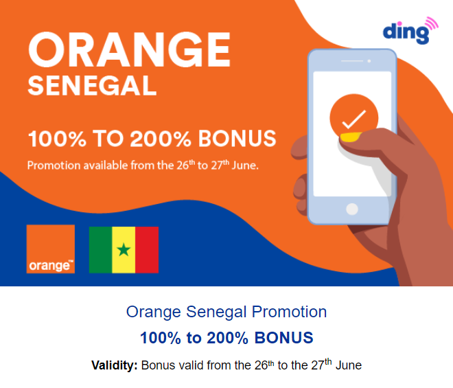 DingConnect's tweet photo. We have a new Orange Senegal Promotion available from the 26th to 27th of June. 
Bonus: 100% - Validity: Bonus valid from the 26th to 27th of June https://t.co/2BYhHYIyOX