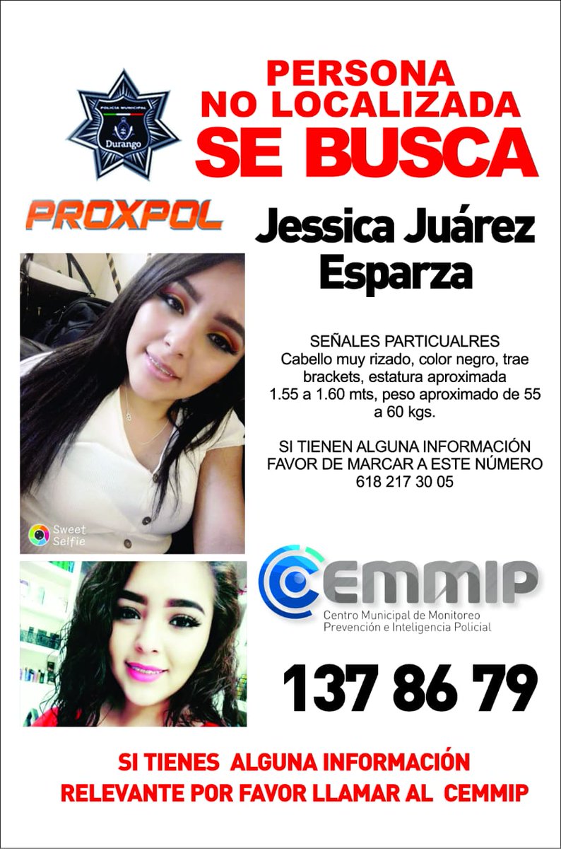 DMSPDGO's tweet photo. #ServicioSocial se solicita la ayuda de la ciudadanía para localizar a Jessica Juárez Esparza salió el día 24 de junio por la mañana a su trabajo, no llego al mismo y no se a comunicado con sus familiares. Cualquier información comunicarse al #CEMMIP 1-37-86-79 o al #911 https://t.co/sW1sxnSBv4