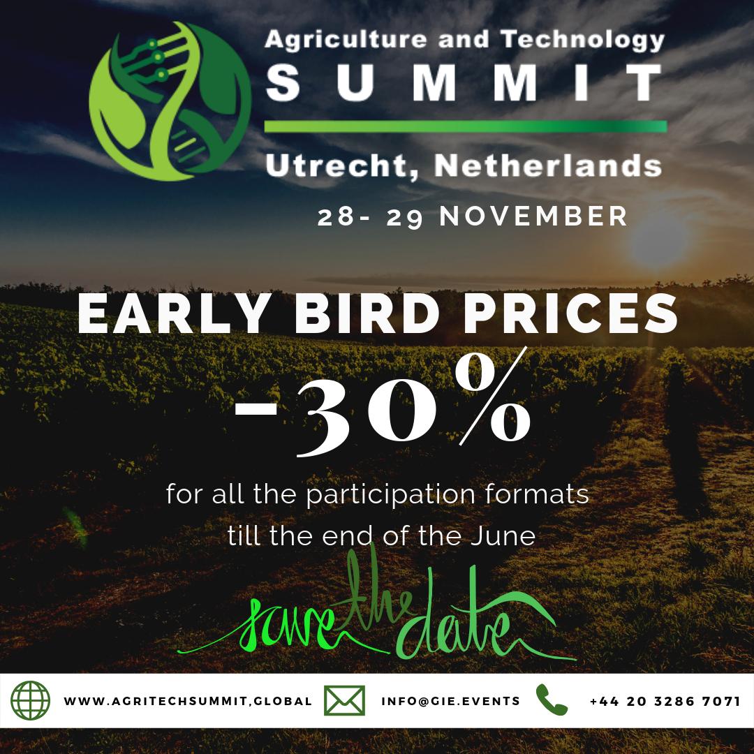 Please kindly be informed that till the end of the June, we are having the Early Bird Prices to officially register to the AgriTech2019 which will take place in Utrecht, Netherlands on 28-29 November 2019.