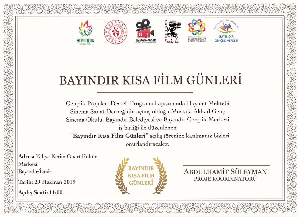 29 Haziran 2019 tarihinde Bayındır'a Kısa Film Günlerine davet ediyoruz.
@GSBgenclikproje <a href="/gencliksporbak/">Gençlik ve Spor Bakanlığı 🇹🇷</a> <a href="/kasapoglu/">Dr. Mehmet Kasapoğlu</a>