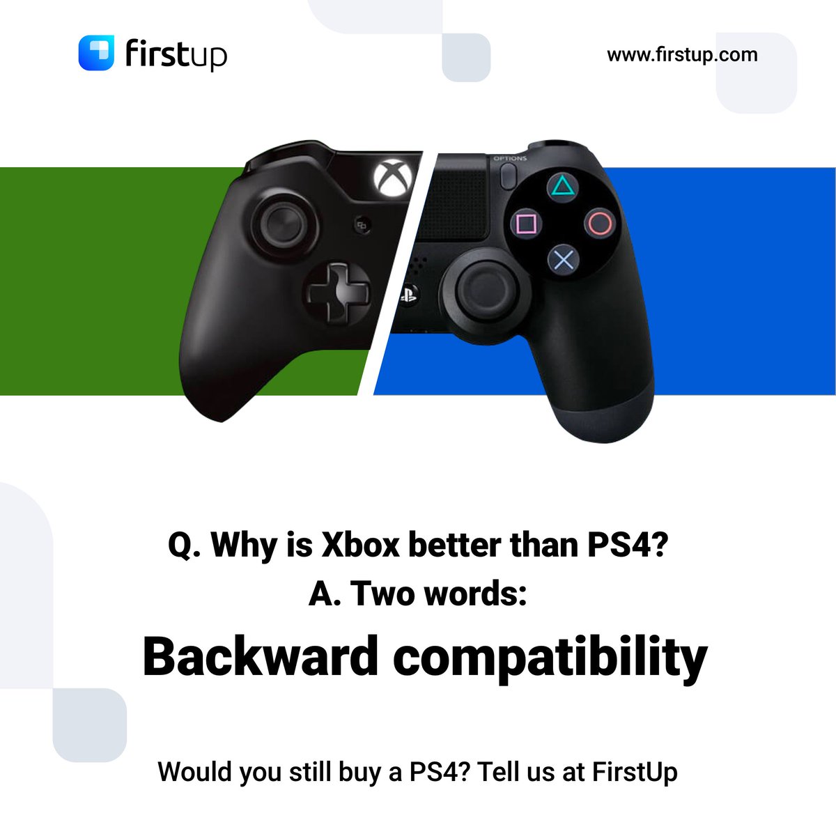 FirstUpBiz's tweet image. Too bad you can't play PS3 games on your PS4. Worse is that Microsoft has solved Xbox One backward compatibility by creating an Xbox 360 emulator within its latest console. So now who's taking the cake home? 

Go hit FirstUp.com now to grab your free gadget!
