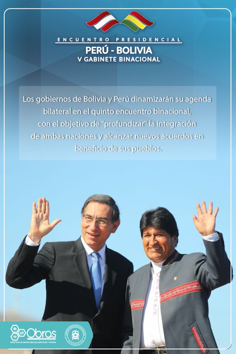 Presidente de #Bolivia <a href="/evoespueblo/">Evo Morales Ayma</a>. Los encuentros binacionales son momentos para compartir experiencias de gestión. #BoliviaIntegra 🇵🇪👐🇧🇴