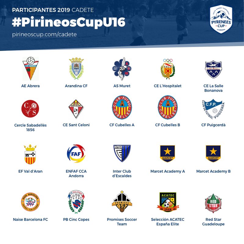 ¡Estos son los equipos que jugarán la categoría U16 Cadete en la Pirineos Cup 2019!

Sigue todas las novedades de la categoría en pirineoscup.com/cadete y en redes sociales a través del hashtag #PirineosCupU16.

¿Quién crees que será el ganador?

#PirineosCupU16
#PirineosCup2019