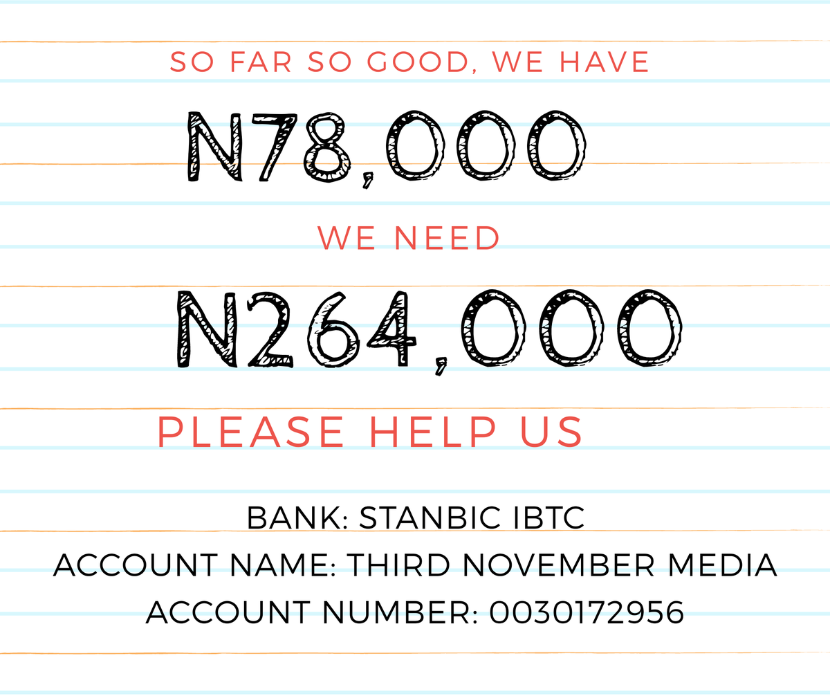 MyGbagada's tweet photo. Good evening dearest people of Gbagada.
For the #REPPS2 , we still need N264,000.
Every donation is important and all will be duly accounted for.
Please help us
BANK: STANBIC IBTC
ACCOUNT NAME: THIRD NOVEMBER MEDIA
ACCOUNT NUMBER: 0030172956 https://t.co/REFKpYBiqK