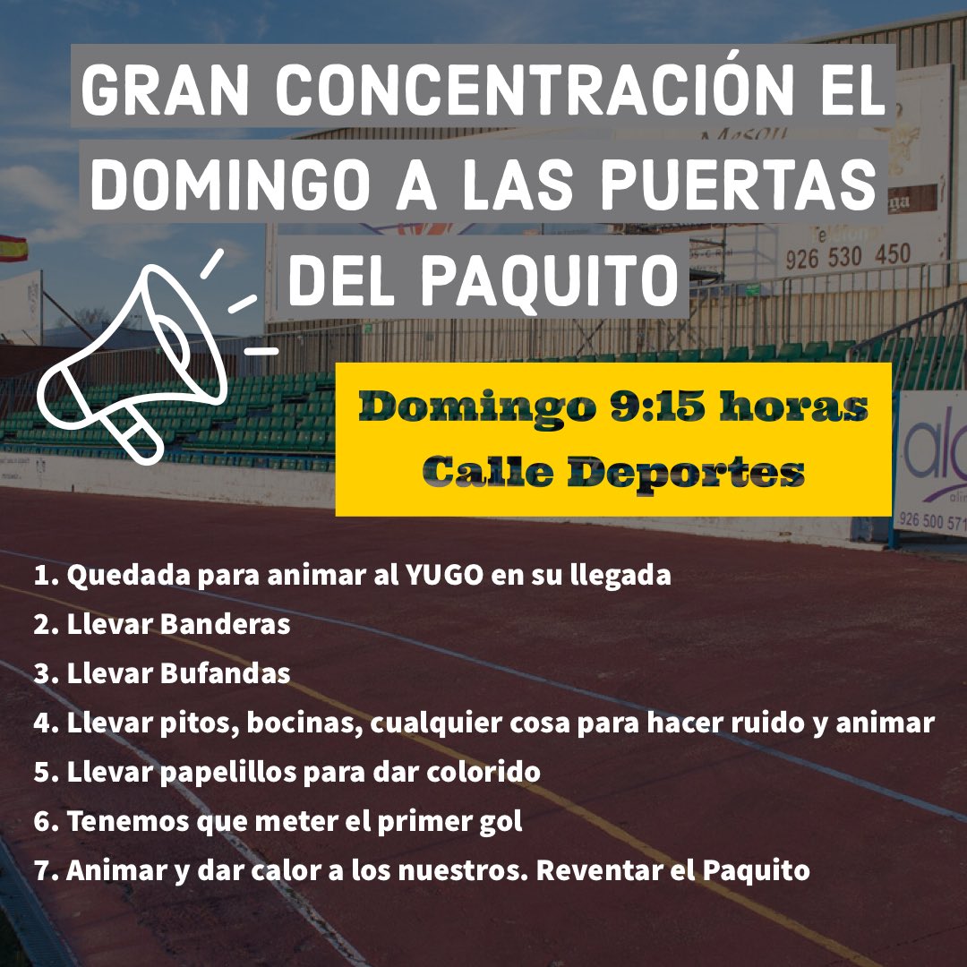 pepeleternocapi's tweet photo. 📣 GRAN CONCENTRACIÓN ESTE DOMINGO A LAS 9:15 EN LA CALLE DEPORTES A LAS PUERTAS DEL PAQUITO: 

1. Quedada para animar al YUGO en su llegada 

2. Llevar Banderas

3. Llevar Bufandas

4. Llevar pitos, bocinas, cualquier cosa para hacer ruido y animar

#SiSePuede @YugoUDS https://t.co/Aa2B19Al3v