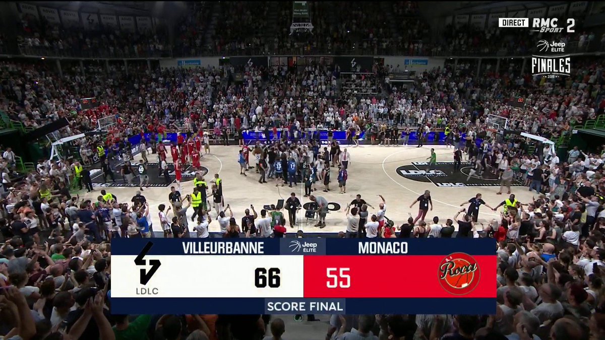 RMCSportBasket's tweet photo. 🏀 #FinalesJeepElite #ASVELASM  (66-55)

💥L'ASVEL SACRE CHAMPION DE FRANCE !!!! Un 3e quart-temps de feu aura suffi pour renverser et contenir Monaco !   🏆 

Félicitations à @LDLCASVEL et @ASMonaco_Basket pour ces finales magnifiques ! 👏 https://t.co/gdN3fkqWxQ