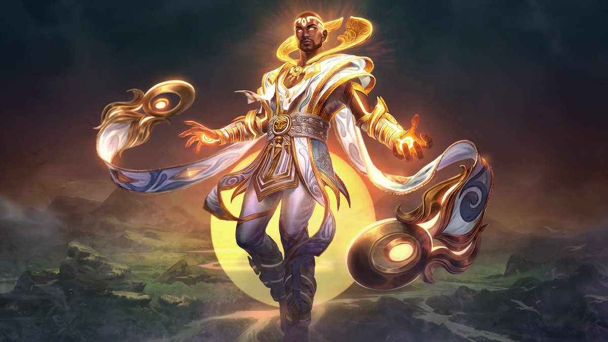 Mystical god glows in front of dark plains in white glowing regal outfit.