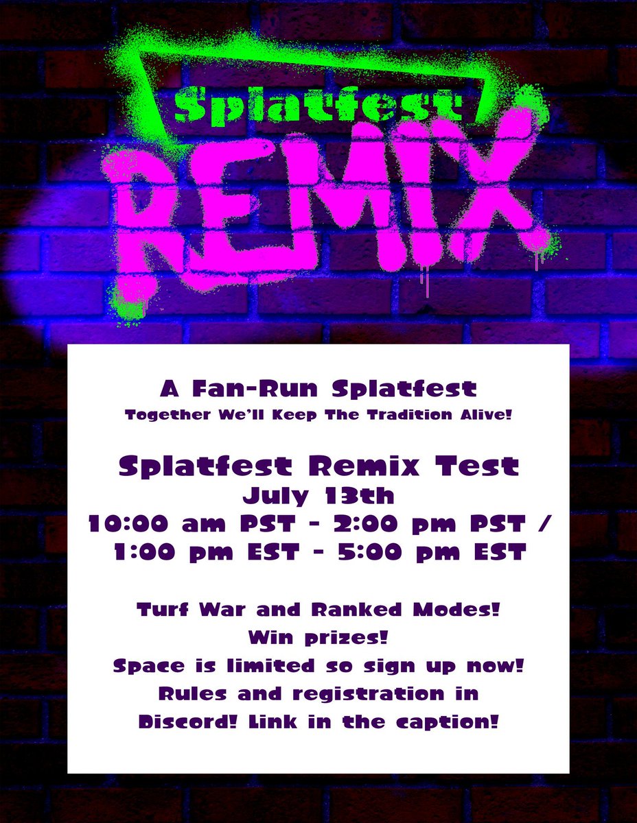Hey, squids and octos!
Splatfest Remix is a community-run Splatfest made to continue the tradition after the official Splatfests have ended! You can even win prizes! Join the Discord for more info!
#NintendoSwitch #Splatoon2 #Splatfest 
Discord: discord.gg/pYTKCQc
