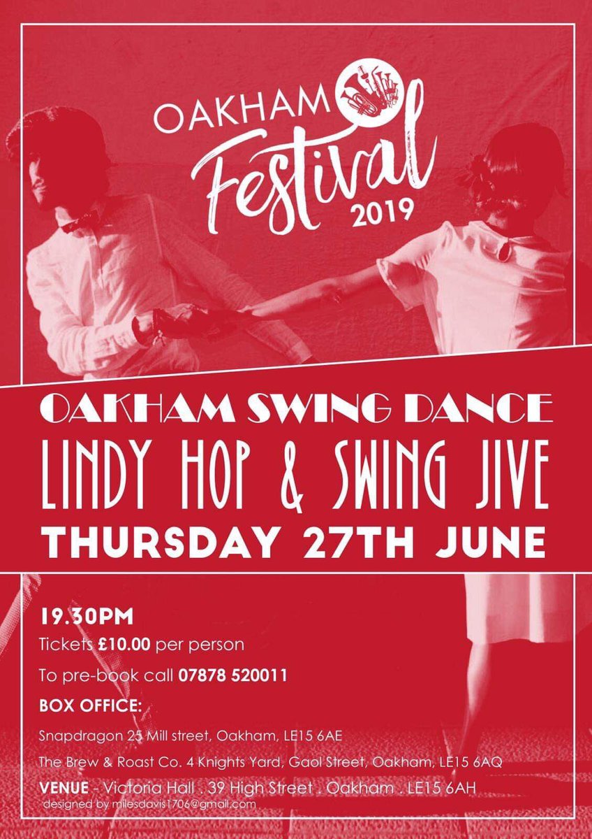 Oakham Swing Dance
Lindy Hop &amp; Swing Jive this Thursday!

Tickets £10 from Snapdragon &amp; The Brew &amp; Roast Co.

💃💃💃💃💃💃💃💃💃

#oakhamfestival