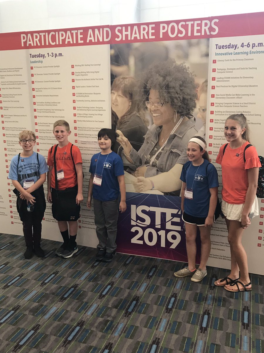 NASDTechCoach's tweet photo. Come check out the JR Tech Leaders at #ISTE2019 poster session table 31 from 1-3 PM. They are excited to share all they learned this year @ColonialIU20 about @microbit_edu, @BlocksCAD, & #GoogleForms #kidpride #kkidslearn @IU20EdTech https://t.co/cCpf8u281z