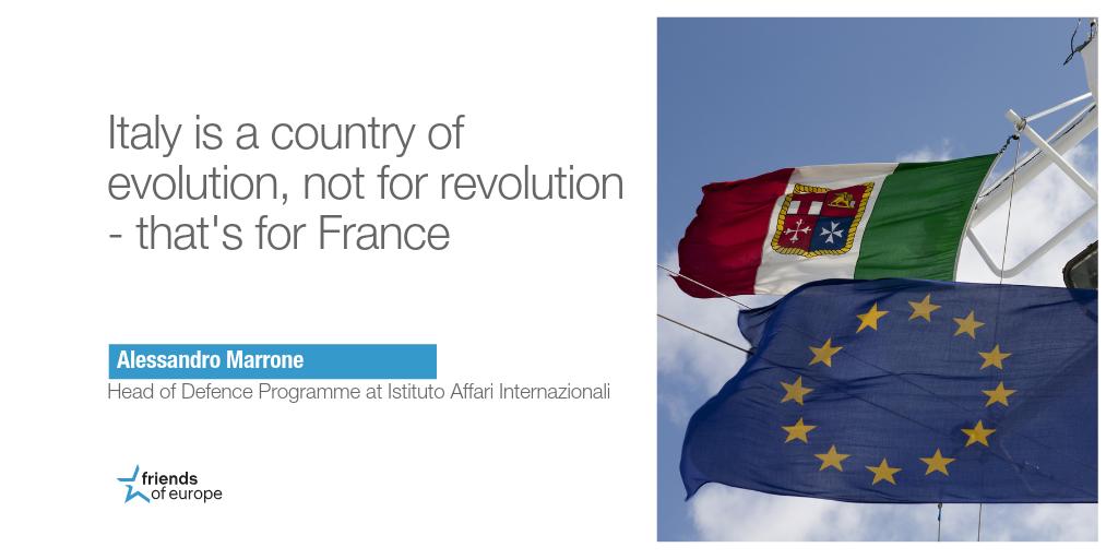 FriendsofEurope's tweet photo. In a review of #Italian #military actions abroad, it appears that the public continues to support the armed forces foreign role which leaves room for a redefinition of Italy's role in #European defence, explains @Alessandro__Ma, @IAIonline Head of Defence Programme. #FoEDebate https://t.co/S5DO7Byrbz