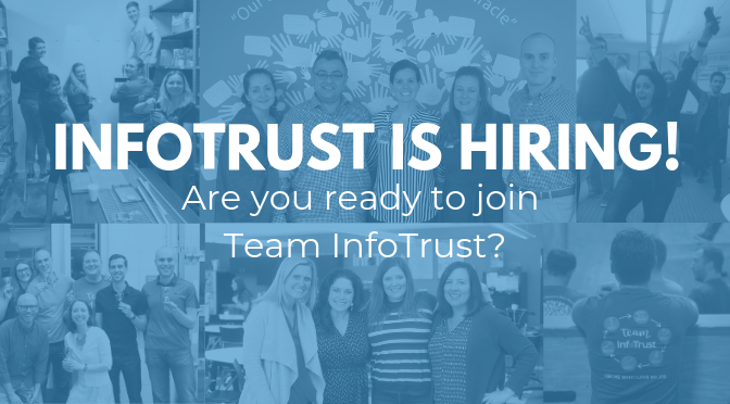InfoTrustLLC's tweet photo. Strong #corevalues, great #culture, inspiring people and a mission to give back to the community. These are just a few of the things that makes #InfoTrust the best place to work. Lucky for you, we're #hiring! Check out our open positions. https://t.co/Hr4zRl5NJP https://t.co/ql2RL1ik8M