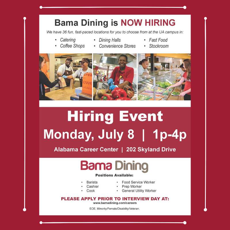 UAStudentJobs's tweet photo. ATTENTION STUDENTS! Bama Dining is NOW HIRING!! Apply today at https://t.co/VZf4oAmN5d #BamaDining #ApplyNow #RollTide https://t.co/uImA7N5B2i