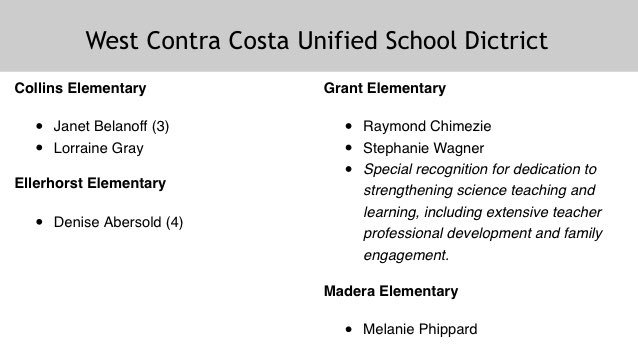 TY <a href="/crscience/">Community Resources for Science (CRS)</a> honoring our teachers for Excellence Elementary Science &amp; special recognition for dedication to strengthening science teaching including extensive professional development &amp; family engagement. #LearningEveryDay #BuildingCommunity #STEM #K12 <a href="/WCCAA1/">WCCAA</a> <a href="/UTRichmondCA/">UTR</a>