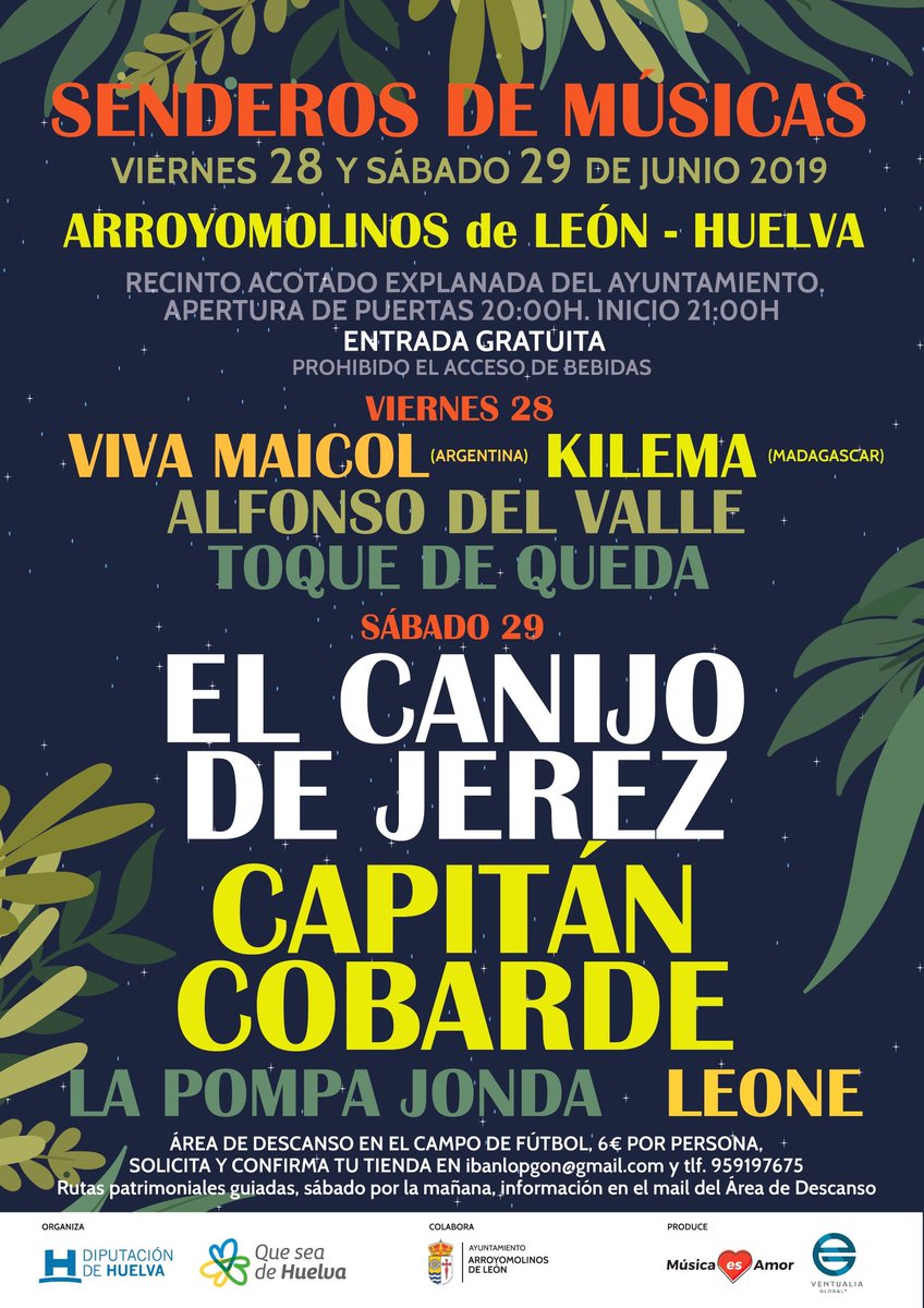 Este #finde nos vemos en #SenderosDeMúsicas un #festival en #ArroyomolinosDeLeón #Huelva donde se mezcla la #música, la #naturaleza, el #turismo y la #fiesta.
#LaPompaJonda estaremos el #sábado junto a <a href="/ElCanijodeJerez/">El Canijo de Jerez</a> y @Capitan_Cobarde con to' el powerío  #ENTRADAGRATUITA
