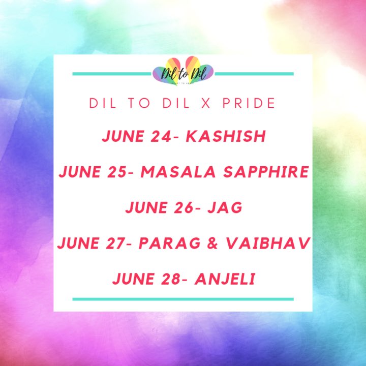 somediltodil's tweet photo. Hey #dilfam, we didn't want you to miss out on one minute of #diltodilxpride, so here is this weeks schedule with all our amazing collabs! Let's make this one memorable #pride this week!
#lgbtq+ #pride  #loveislove  #gaydesi #queerdesi #lesbiandesi #transdesi #southasianpride https://t.co/ZoA31fxAlR