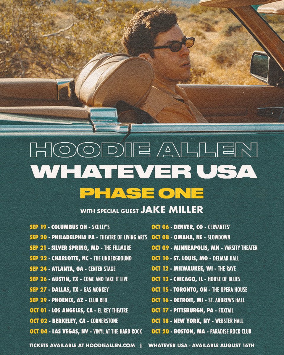 HoodieAllen's tweet photo. WHATEVER USA TOUR - PHASE 1️⃣

w/ special guest @jakemiller 

Tickets on sale Friday. Pre-sale tomorrow https://t.co/pXM8OyDGo3