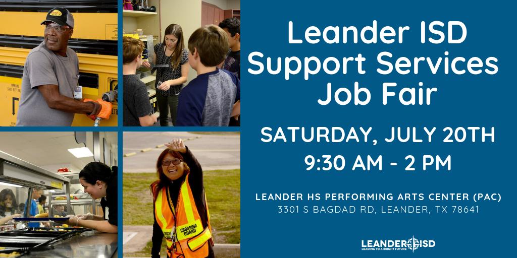 LISDCareers's tweet image. Save the date for the @LeanderISD Support Services #JobFair! Swing by this exciting event on Saturday, July 20th and learn about joining a dynamic team next school year. More info: bit.ly/2U7nrbL #1LISD