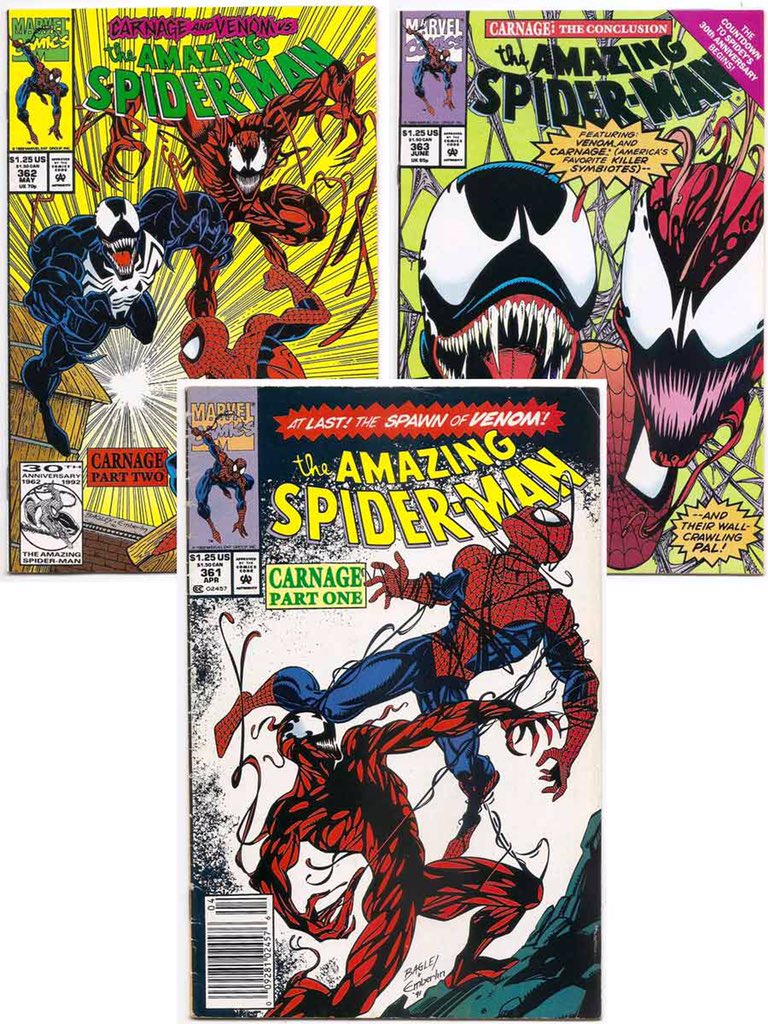 Carnage’s first main story is in the pages of Amazing Spider-Man 361-363. This is his first encounter with Spider-Man who discovers that Carnage is like nobody else he’s faced before. Spider-Man is forced to team up with Venom to try and stop Carnage.