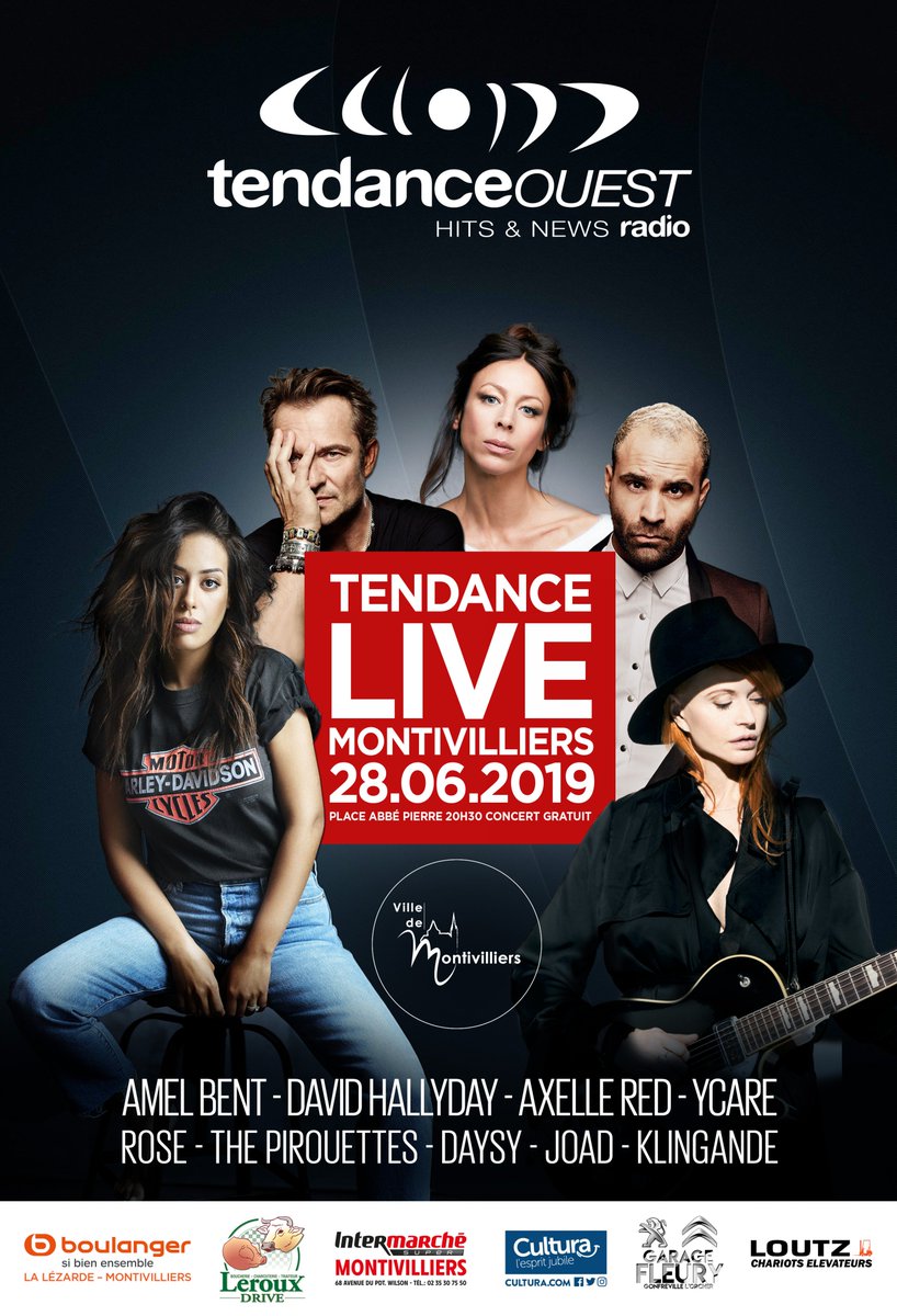 #concert J-3 avant le #tendancelive by <a href="/tendanceouest/">Tendance Ouest</a> à #Montivilliers, avec <a href="/amel_bent/">AMEL BENT</a> <a href="/davidhallyday/">David Hallyday</a> <a href="/rosekeren/">Rose</a> <a href="/axellered/">Axelle Red</a> @ycare0  <a href="/ThePirouettes/">The Pirouettes</a> <a href="/KlingandeMusic/">Klingande</a> #Daysy <a href="/joadmusic/">Joad</a> et #AxelRed | Avec le soutien de @VMontivilliers 
tendanceouest.com/tendance-live-…