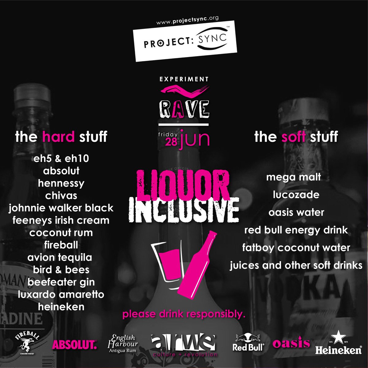 CautionExp's tweet photo. Experiment: Rave Bar List - Please Drink Responsibly. | #ExperimentRave #WelcomeToTheRevolution #DrinksInclusive https://t.co/axnAfGljai
