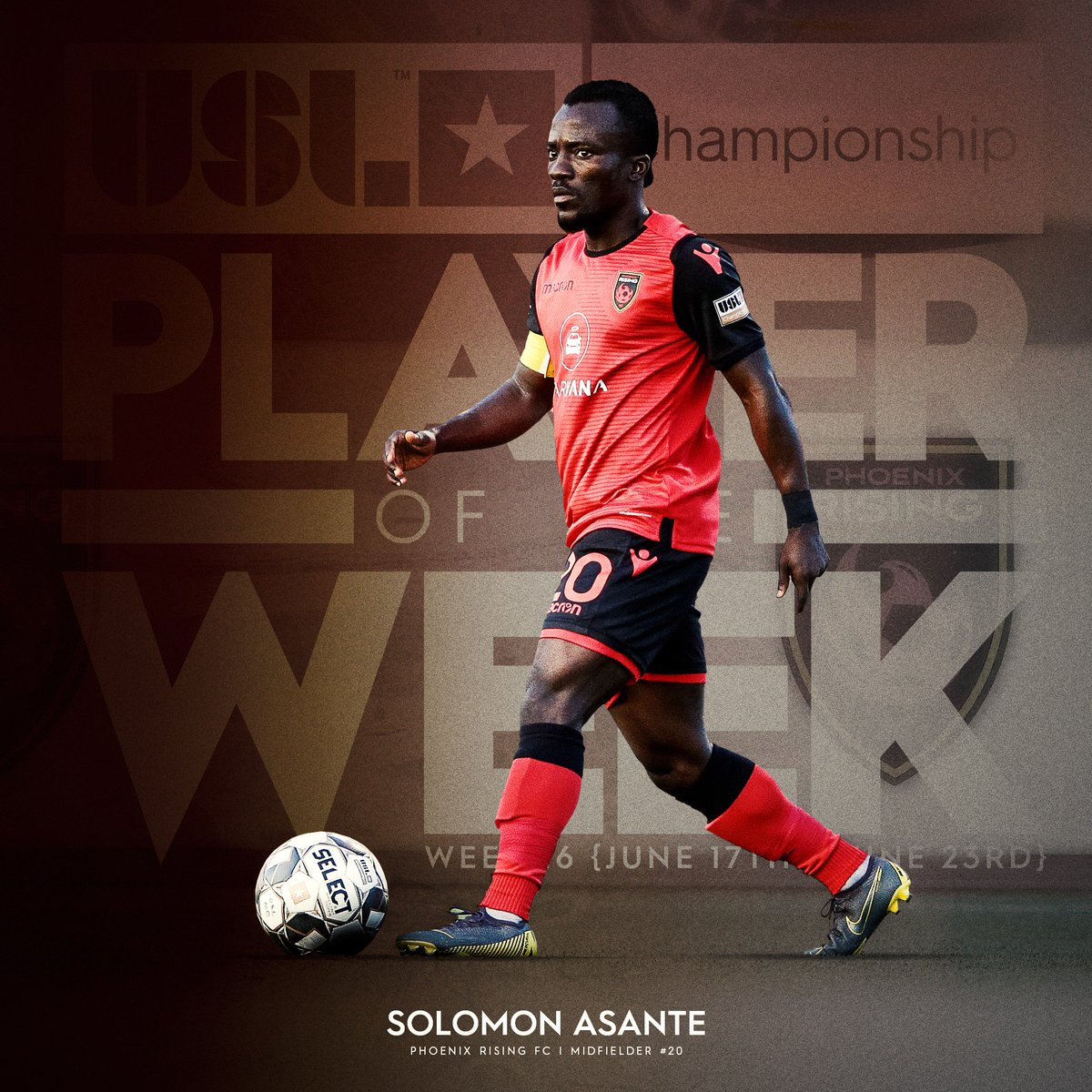 PHXRisingFC's tweet photo. Three goals. 
One assist. 
Two road wins. 

@Asante208 was an easy choice for @USLChampionship Player of the Week. 

DETAILS: https://t.co/DaLvWGoyix #UpRising https://t.co/cjyL0JslPY
