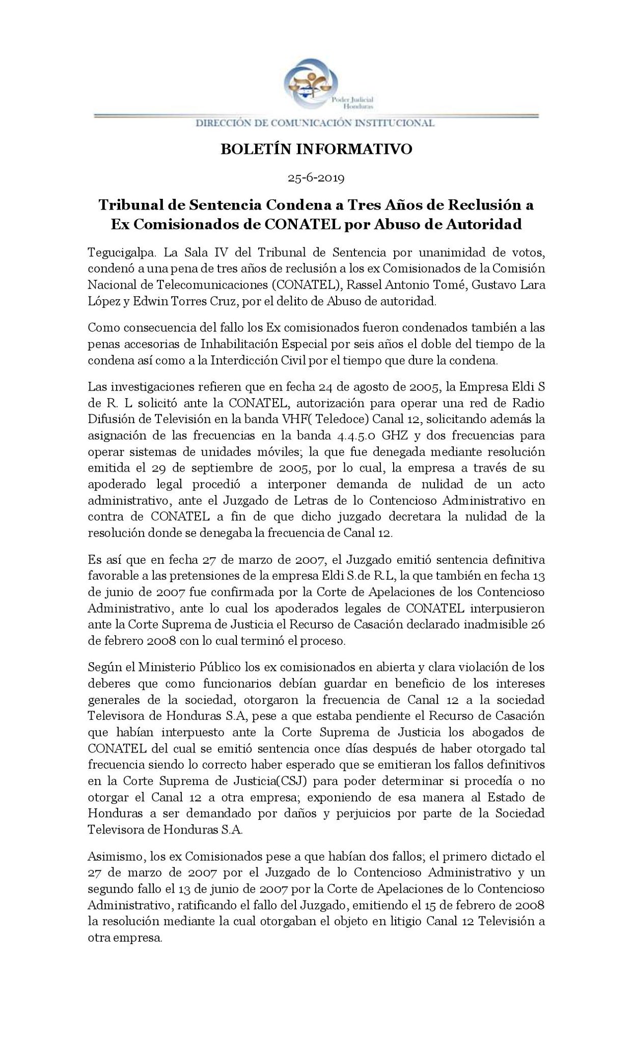 Comunicado del Poder Judicial sobre la sentencia de excomisionados de Conatel