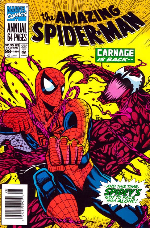 Next, Carnage visits and attempts to kill someone from his past in Amazing Spider-Man annual 28! Spider-Man has no help this time from other heroes. It’s up to him to stop Carnage!