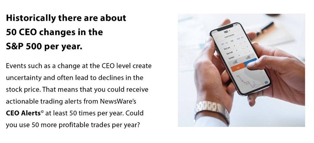 Newsware's tweet image. Interested in potentially 50 profitable #trades a year based on executive changes at public companies? the Our CEO Alerts can help you. Head to NewsWare.com and start your free trial today.