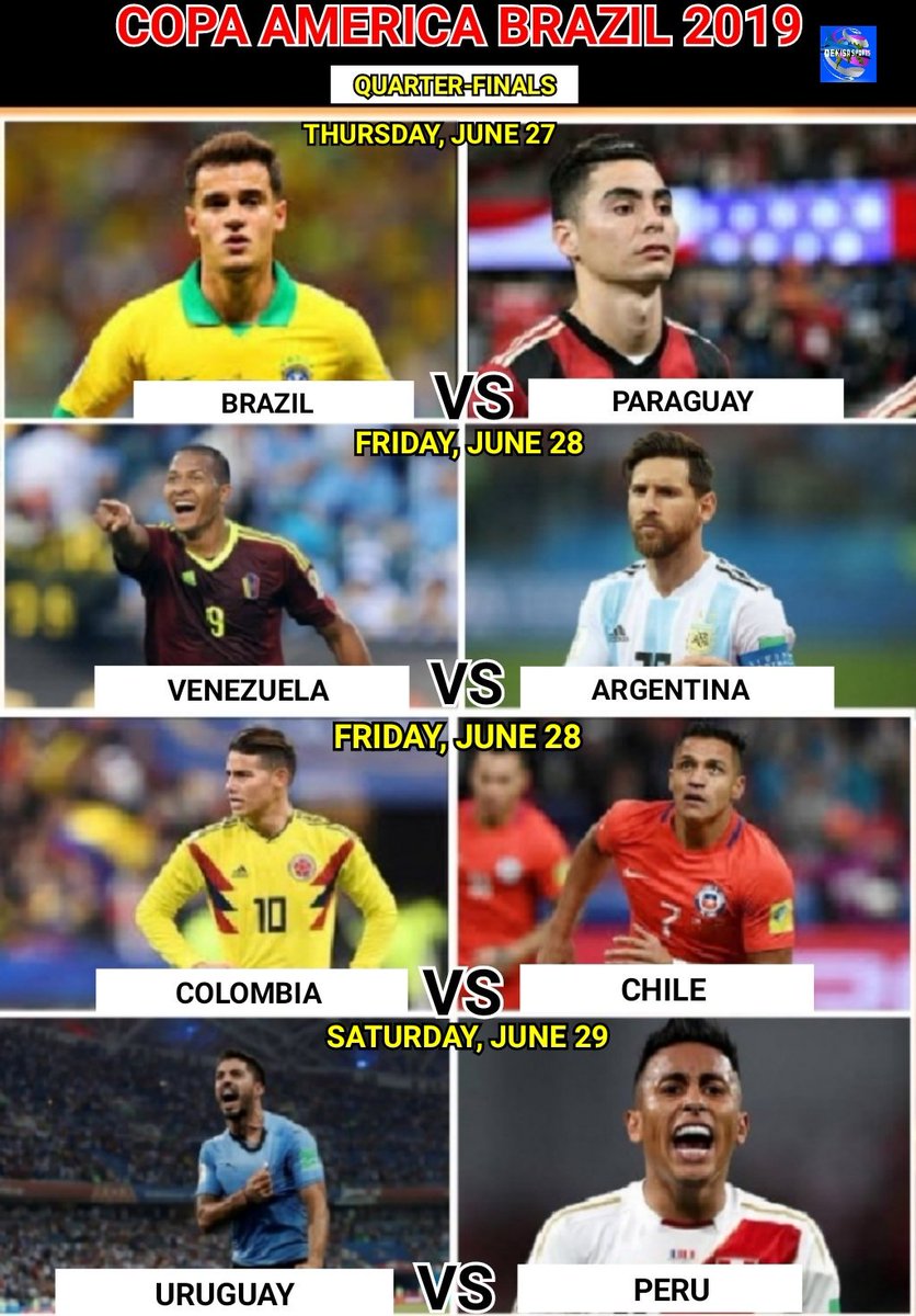 #CopaAmerica
Quarter-Finals Fixtures
Thursday, June 27
Brazil Vs Paraguay
Friday, June 28
Venezuela Vs Argentina
Colombia Vs Chile
Saturday, June 29
Uruguay Vs Peru
#CopaAmerica2019 #copaamericabrasil2019 https://t.co/GX7TKa1s68
