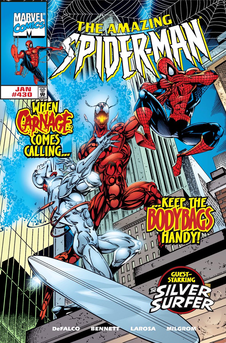 Carnage bonds with the Silver Surfer and becomes the Carnage Cosmic in Amazing Spider-Man 430-431! The Carnage Symbiote leaves Kasady and bonds to the Silver Surfer because of a race memory and the symbitote corrupts the Surfer and wants to use his power for it’s own desires!